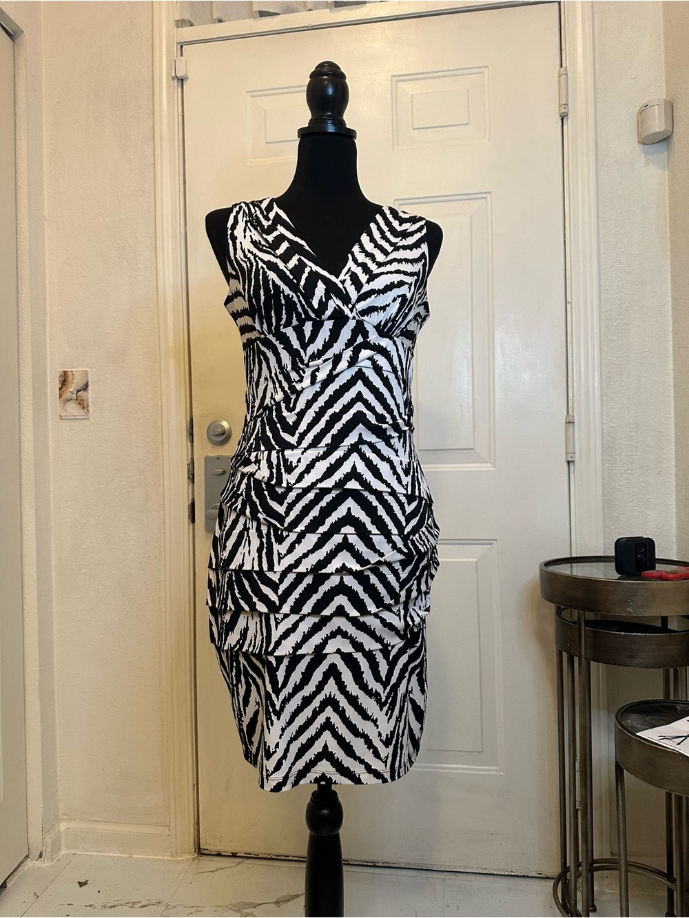 Sleeveless Black & White Zebra Print Sheath Dress